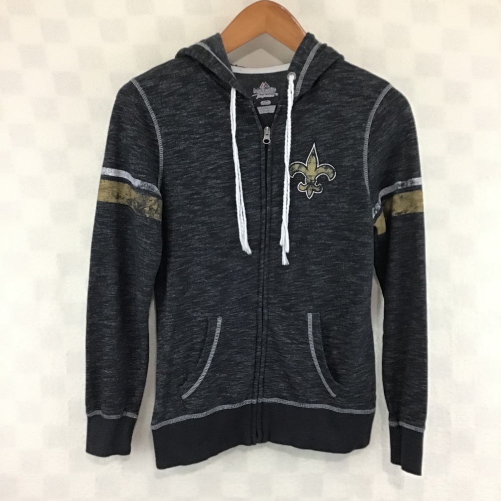 Majestic New Orleans Saints NFL Zip Up Hoodie Charcoal Gray Small Fleur De Lis